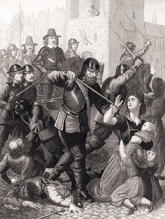 Engraving depicting the killing of residents of Drogheda, Ireland, by English forces led by Oliver Cromwell during the Siege of Drogheda, September 3–11, 1649.