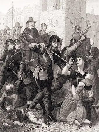 Engraving depicting the killing of residents of Drogheda, Ireland, by English forces led by Oliver Cromwell during the Siege of Drogheda, September 3β11, 1649.